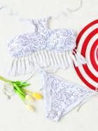 Romwe White Printed Fringe Hem Halter Bikini Set