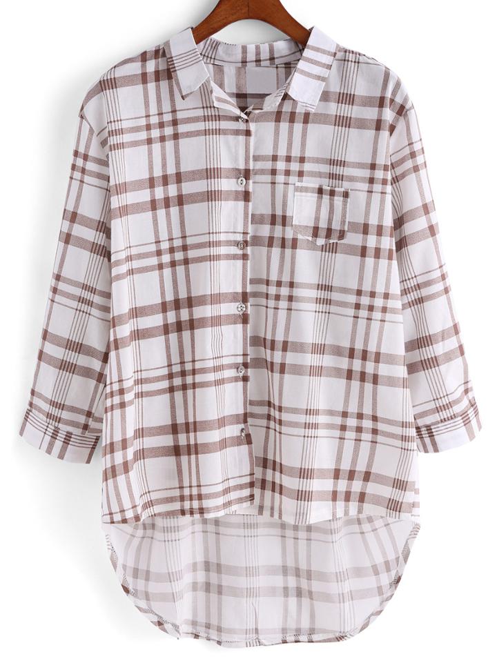 Romwe Lapel Dip Hem Plaid With Pocket Blouse