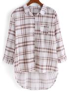 Romwe Lapel Dip Hem Plaid With Pocket Blouse
