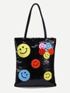 Romwe Black Emoji Embroidered Sequin Tote Bag