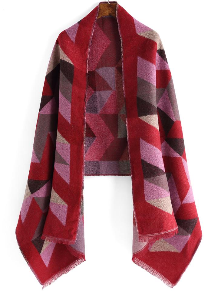 Romwe Geometric Patterned Fringe Red Scarf