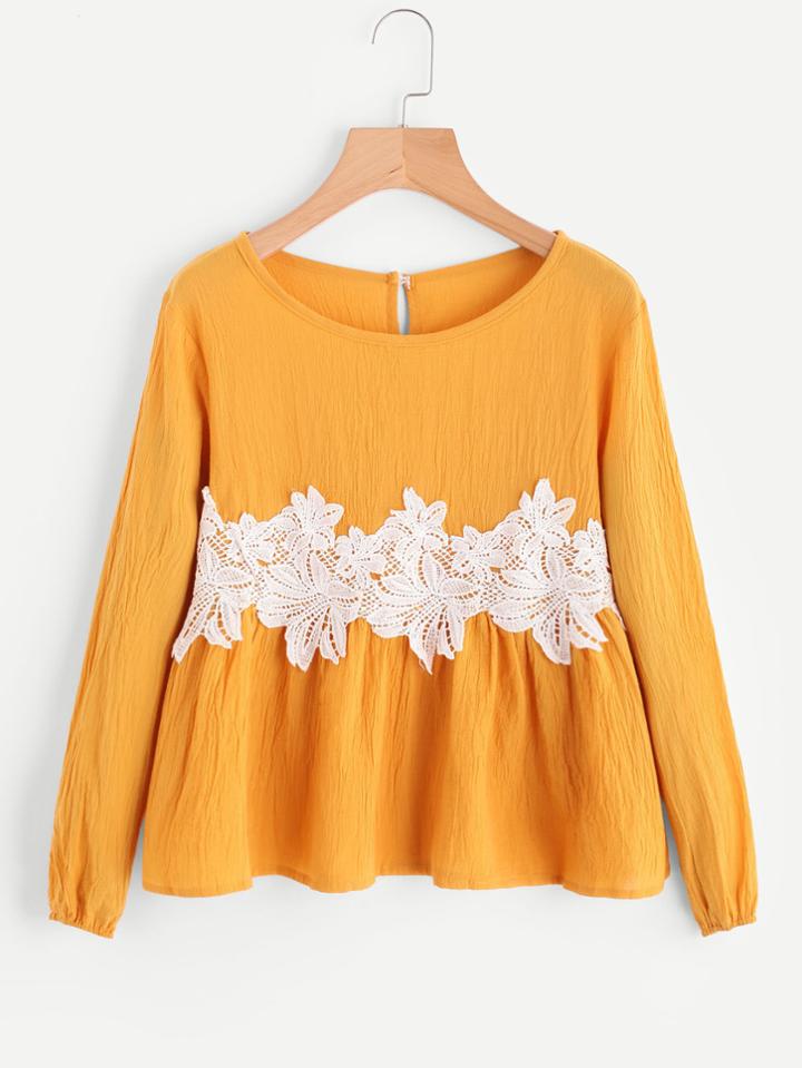 Romwe Ruffle Hem Lace Patch Keyhole Back Top