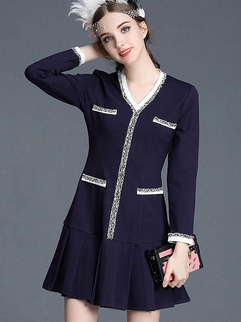 Romwe Navy V Neck Long Sleeve Dress