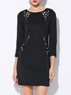 Romwe Black Round Neck Length Sleeve Hollow Embroidered Dress