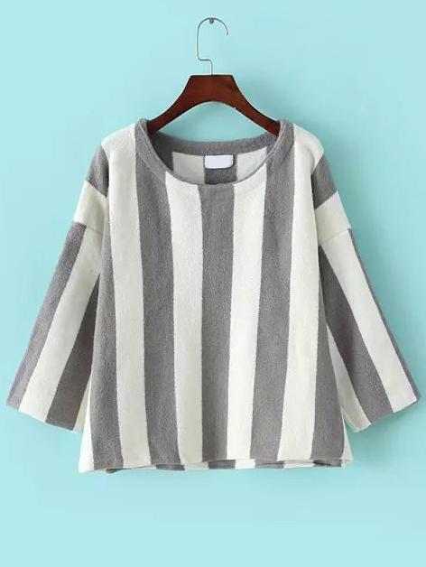 Romwe Crew Neck Vertical Striped Grey Knitwear