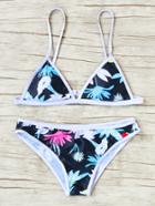 Romwe Floral Print Contrast Trim Triangle Bikini Set