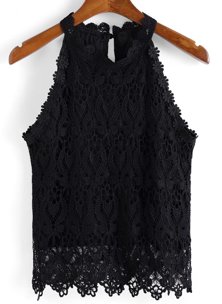 Romwe Stand Collar Lace Black Tank Top