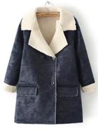 Romwe Lapel Double Breasted Pockets Suede Navy Coat