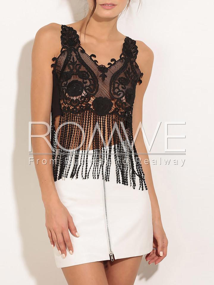 Romwe Black Sheer Lace Spaghetti Strap Tassel Cami Top