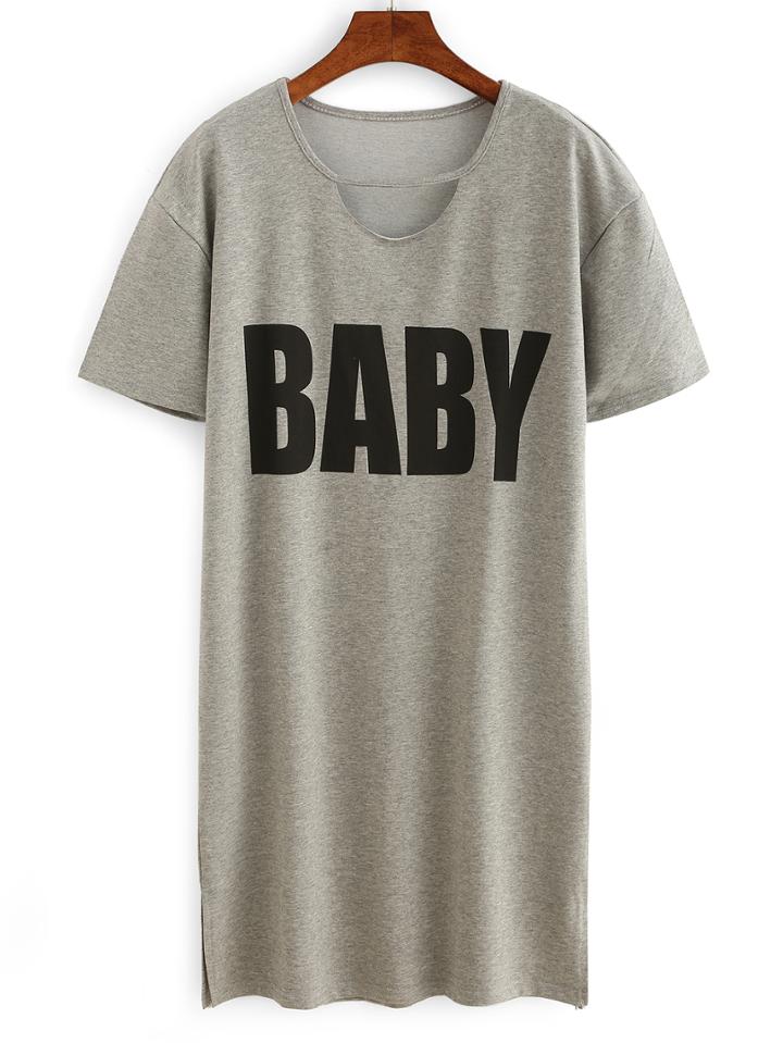Romwe Letter Print Cutout Neck T-shirt Dress