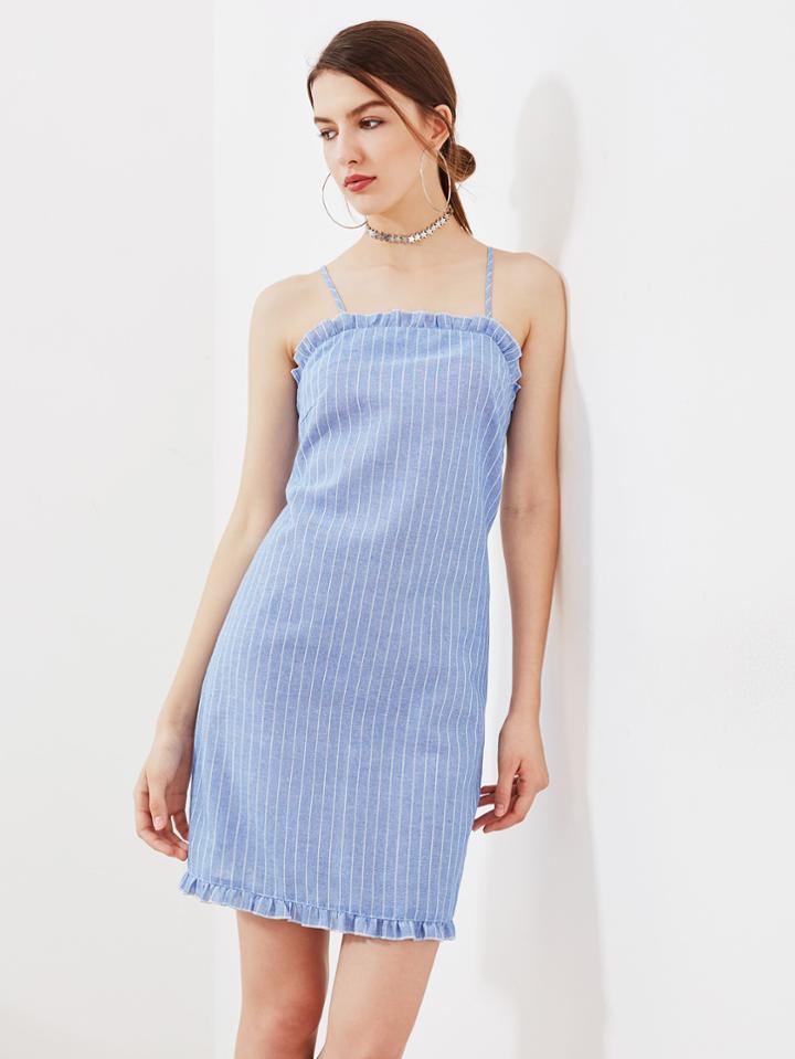 Romwe Frill Trim Crisscross Back Pinstripe Cami Dress