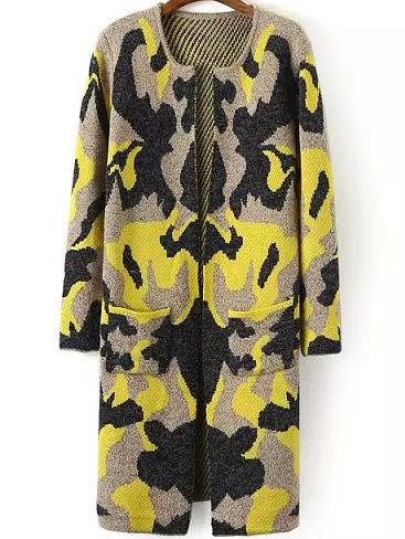Romwe Long Sleeve Camouflage Yellow Coat