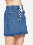 Romwe Blue Lace Up Pockets Front Denim Skirt