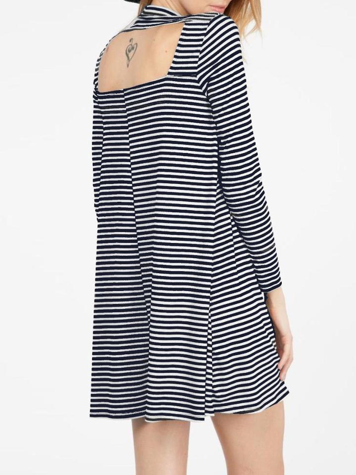 Romwe Navy White Long Sleeve Striped Dress