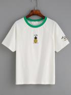 Romwe White Rib Neck Pineapple Embroidered Raglan Sleeve T-shirt