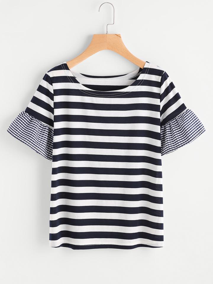 Romwe Contrast Gingham Sleeve Striped Tee