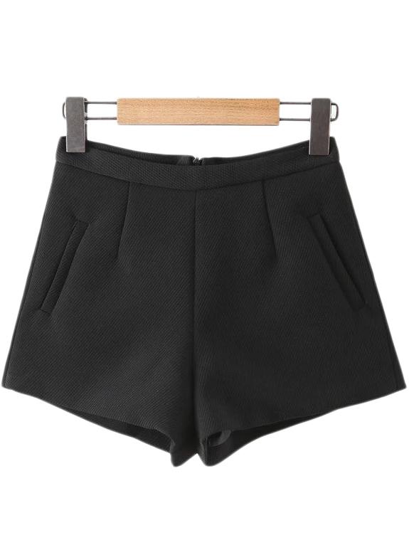 Romwe Black Pockets Zipper Back Texture Shorts