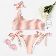 Romwe Striped One Shoulder Top With Tie Side Bikini