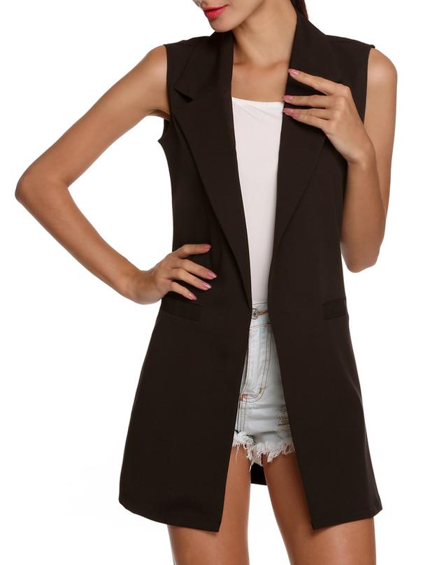 Romwe Lapel Slim Long Black Vest