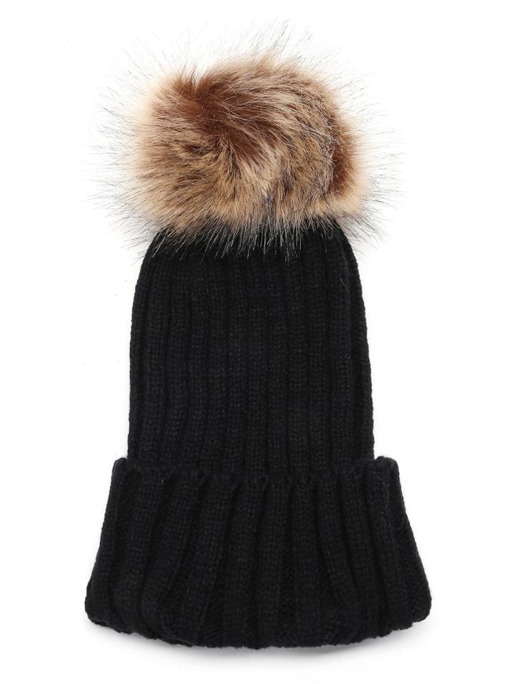 Romwe Black Ribbed Knit Pom Pom Bobble Hat