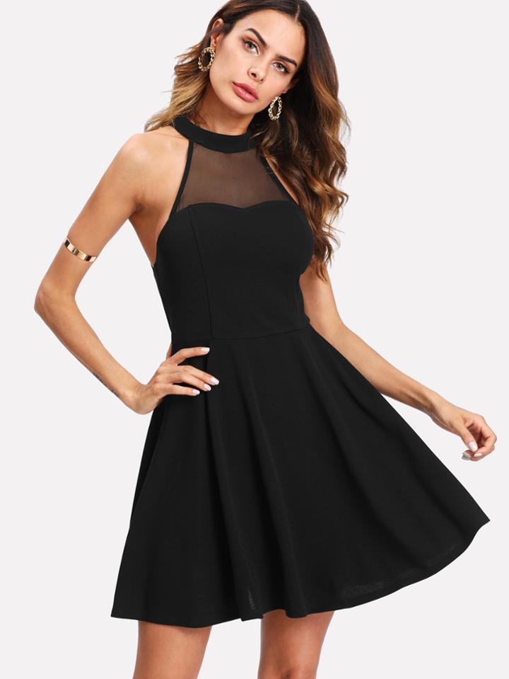 Romwe Mesh Yoke Open Back Skater Dress