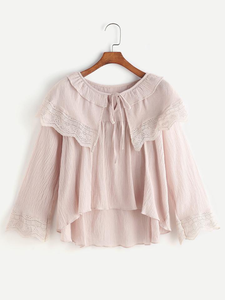 Romwe Tie Front Cape Collar Crochet Trim High Low Top
