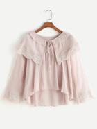Romwe Tie Front Cape Collar Crochet Trim High Low Top