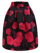 Romwe Rose Print Box Pleated Midi Skirt - Black