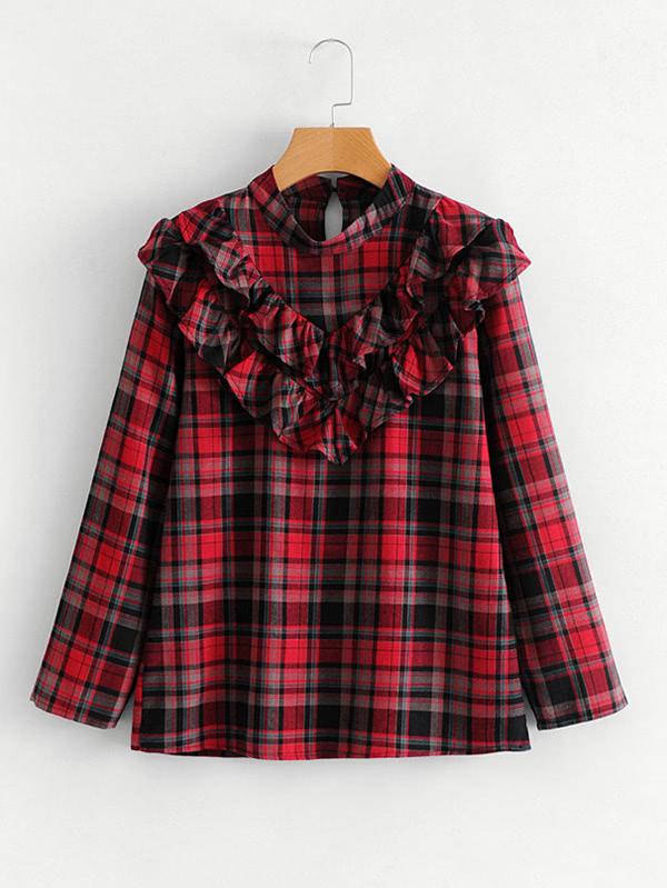 Romwe Tiered Ruffle Plaid Blouse