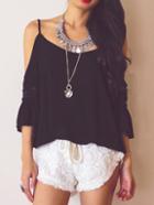 Romwe Cold Shoulder Crisscross Back Crochet Black Top