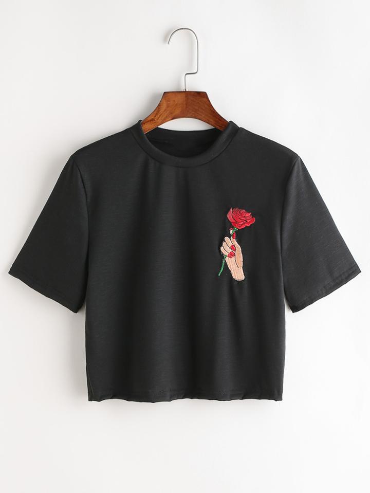 Romwe Hand And Rose Embroidered Crop Tee