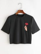 Romwe Hand And Rose Embroidered Crop Tee