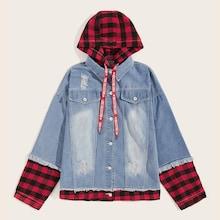 Romwe Guys 2 In 1 Letter Tape Ripped Hooded Denim Jacket