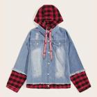 Romwe Guys 2 In 1 Letter Tape Ripped Hooded Denim Jacket