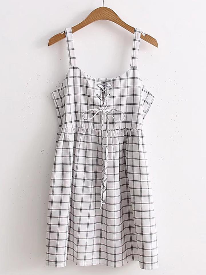 Romwe Eyelet Lace Up Gingham Cami Dress