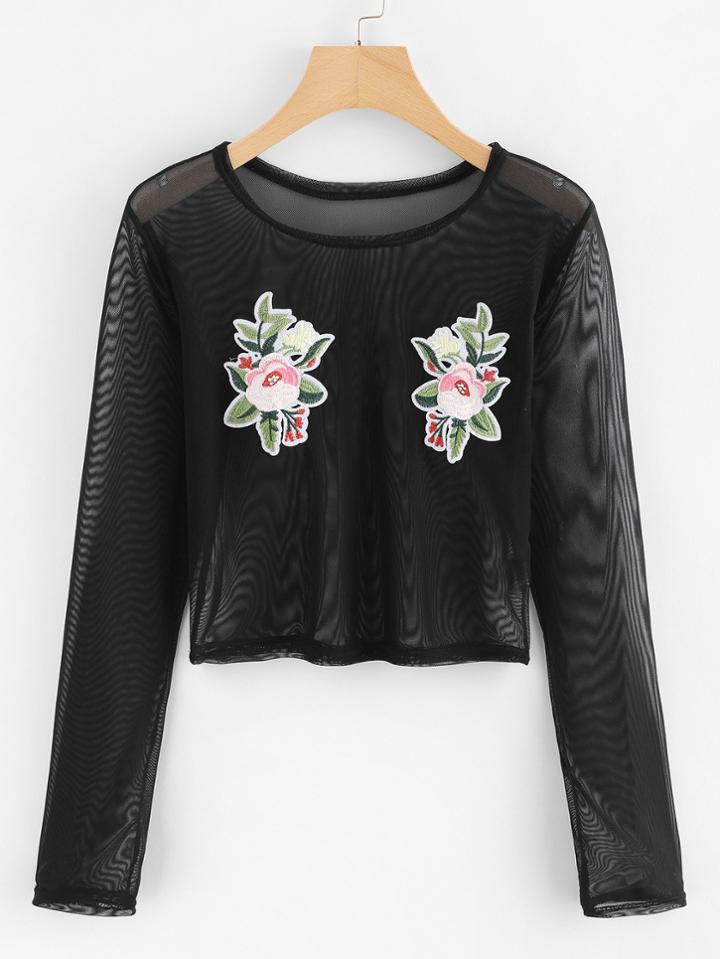Romwe Sheer Mesh Floral Embroidered Applique Top