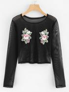 Romwe Sheer Mesh Floral Embroidered Applique Top