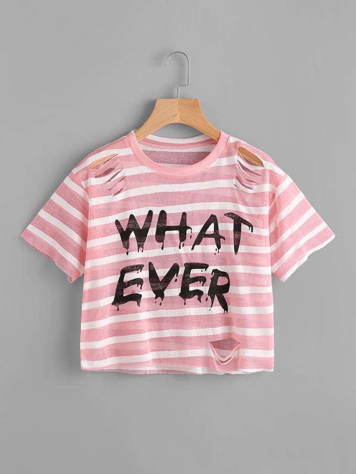Romwe Slogan Print Stripe Ripped Tee