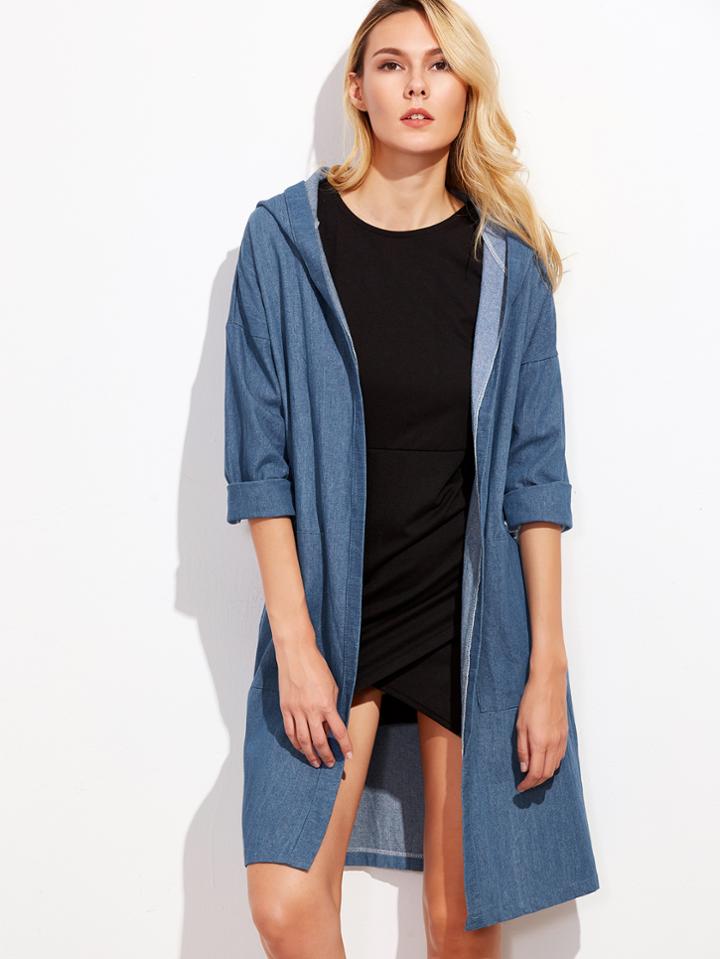 Romwe Blue Drop Shoulder Hooded Denim Coat