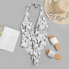Romwe Random Marble Print Backless Cut-out Deep-v Swimsuit