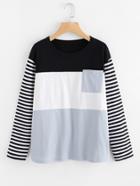 Romwe Color Block Striped Sleeve Chest Pocket Tee