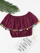 Romwe Off The Shoulder Pom Pom Trim Flounce Blouse