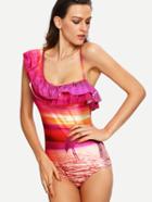 Romwe Ruffled Asymmetric Shoulder One-piece Swimwear