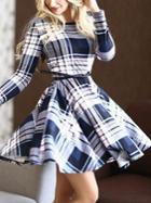 Romwe Long Sleeve Plaid Flare Dress