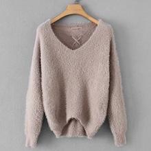 Romwe V-neck Lace-up Back Fuzzy Jumper