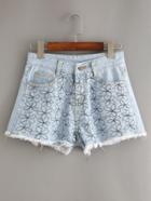 Romwe Frayed Flower Embroidered Light Blue Denim Shorts