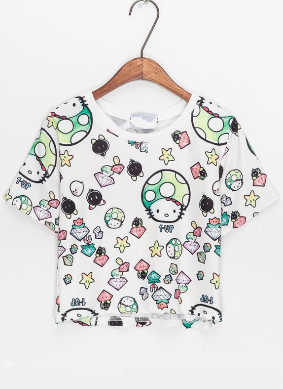 Romwe Mushroom Graffiti Print Crop T-shirt