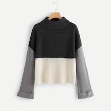 Romwe Roll Cuff Color Block Sweater