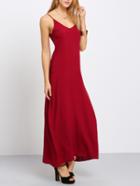 Romwe Burgundy Spaghetti Strap Maxi Dress With Pockets