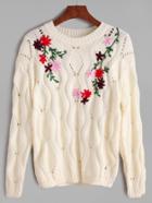 Romwe Ivory Flower Embroidered Hollow Sweater